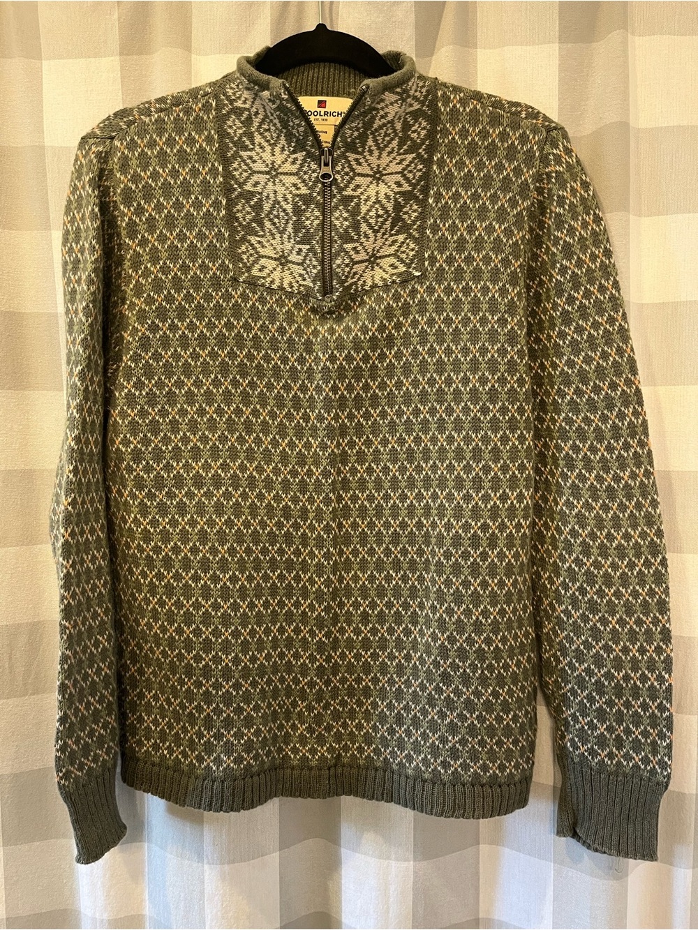 Woolrich  Olive and Cream Fair Isle Half-Zip Sweater